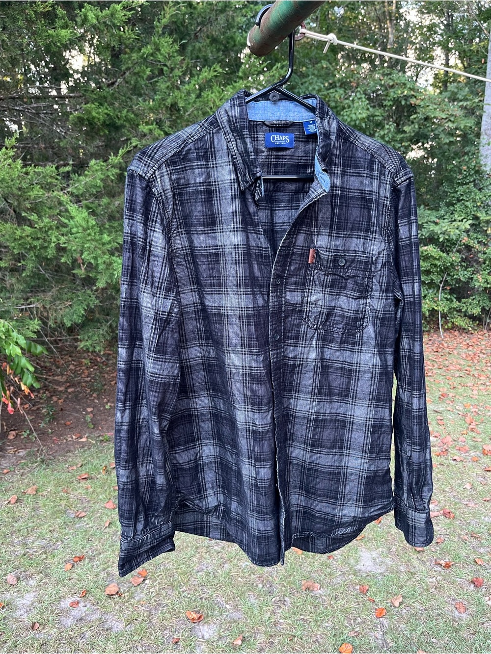 Chaps Black and Gray Plaid velvet-textured Long-Sleeve Button-Down Shirt